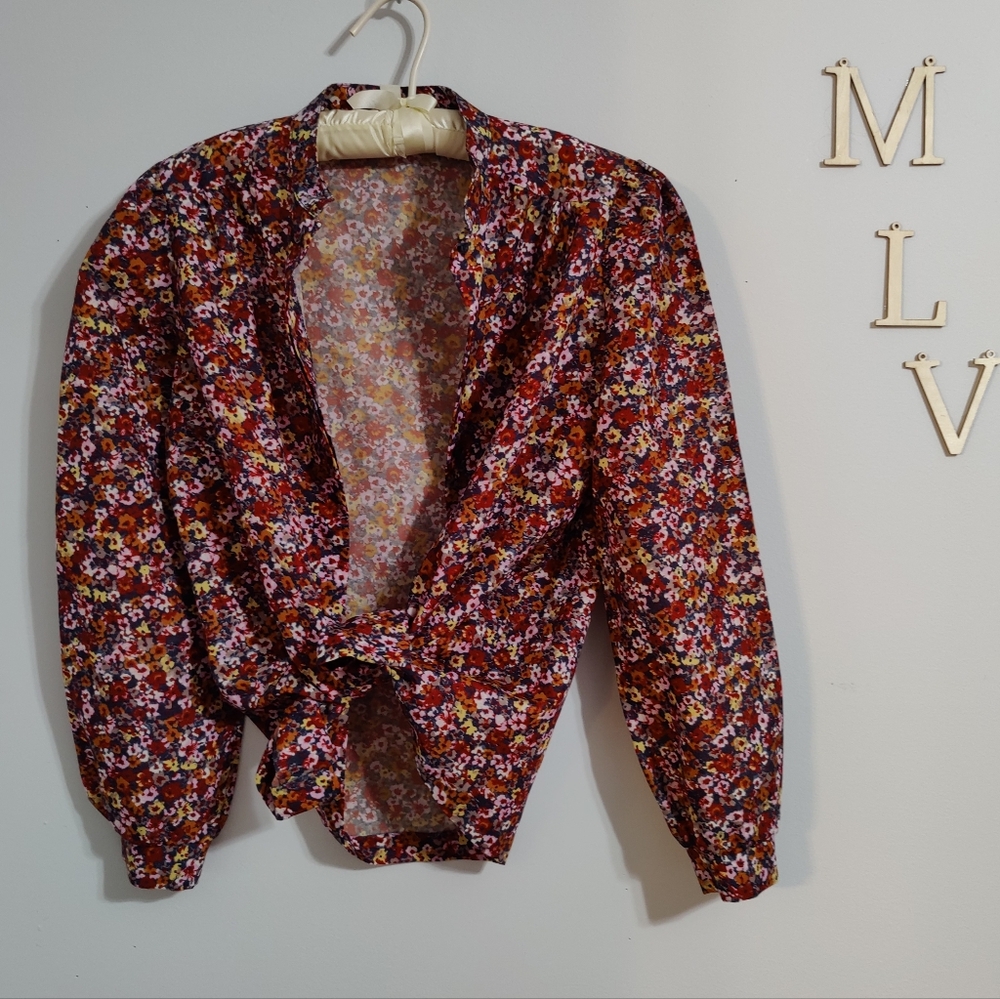 70s moody floral slinky slick button up shirt tie up Vintage